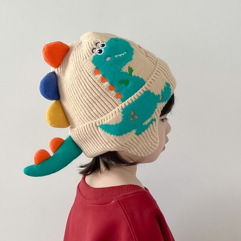 Little dinosaur cartoon windproof winter ear hat for boys and girls, autumn and winter new children's knitted thermal hat_voghion.com