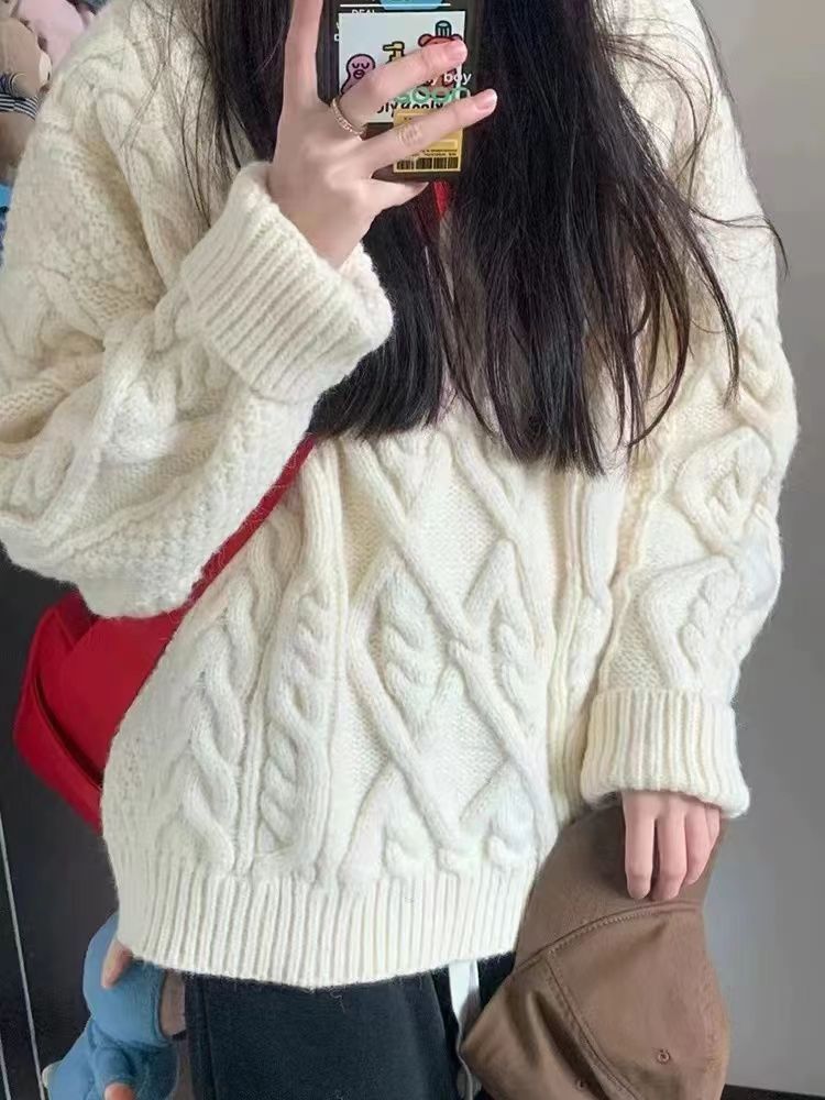 新款秋冬韓版加厚半高領麻花針織衫外穿甜美寬鬆套頭毛衣慵懶上衣