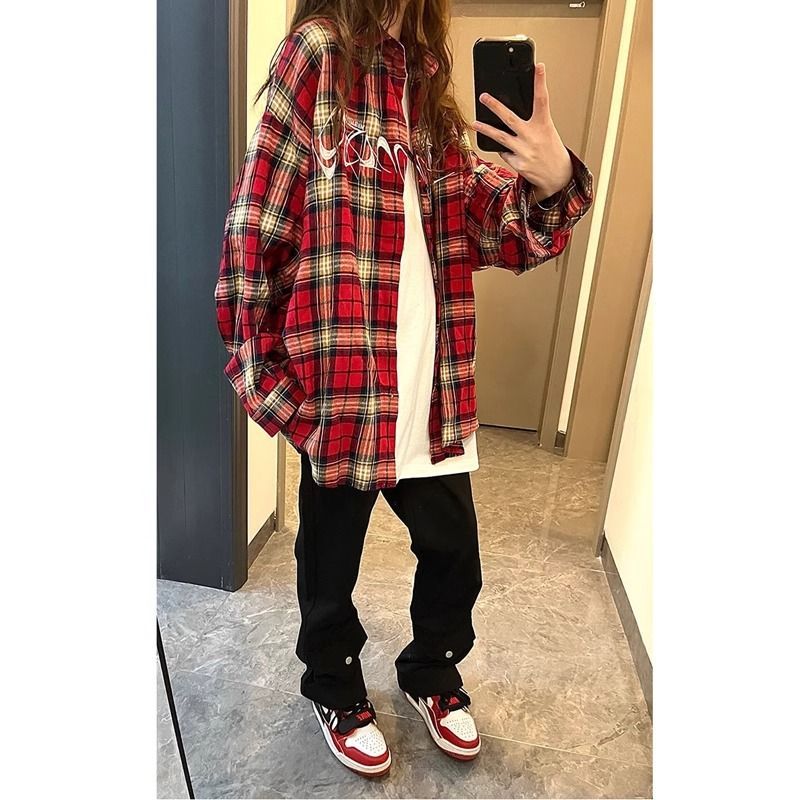 美式hiphop紅色格子襯衫女設計感春秋新款重磅刺繡寬鬆襯衣外套潮