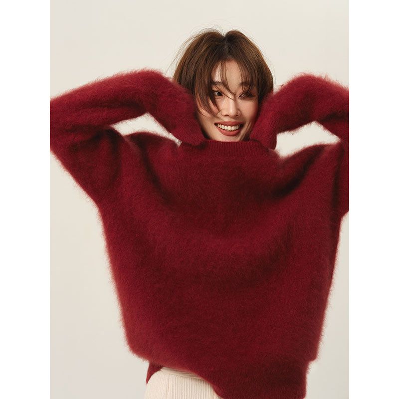 画朴洋气红色厚款保暖针织衫女装秋冬季新款法式宽松打底毛衣