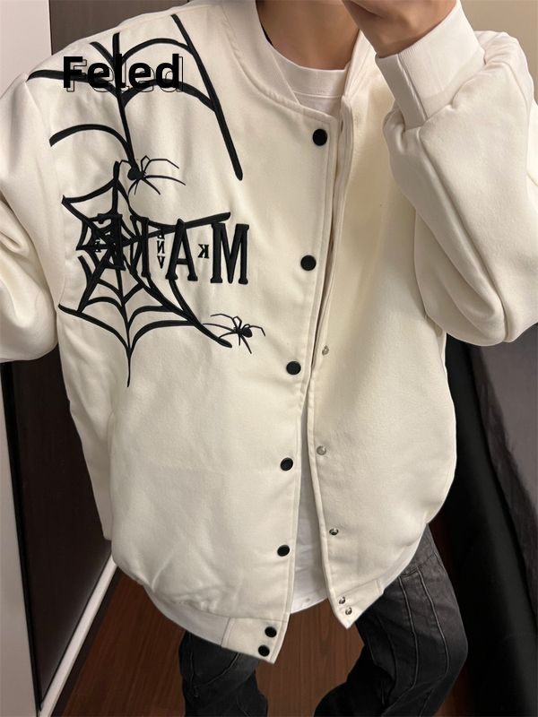 飛拉丹頓美式蜘蛛網刺繡夾克棒球服秋冬夾棉男女寬鬆潮流百搭外套