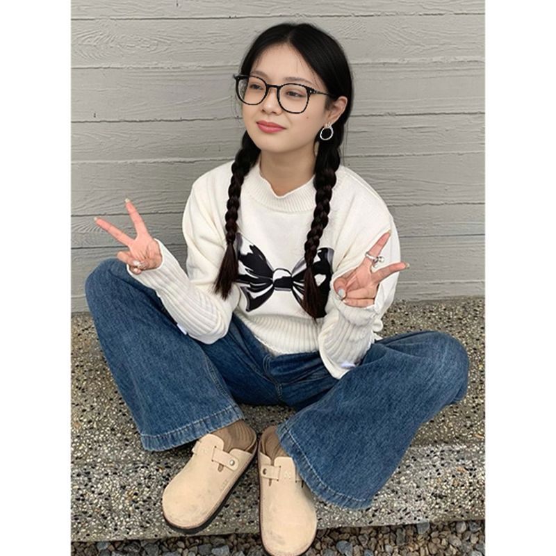 美式復古蝴蝶結印花親膚感毛衣女秋冬季辣妹修身顯瘦毛針織衫上衣