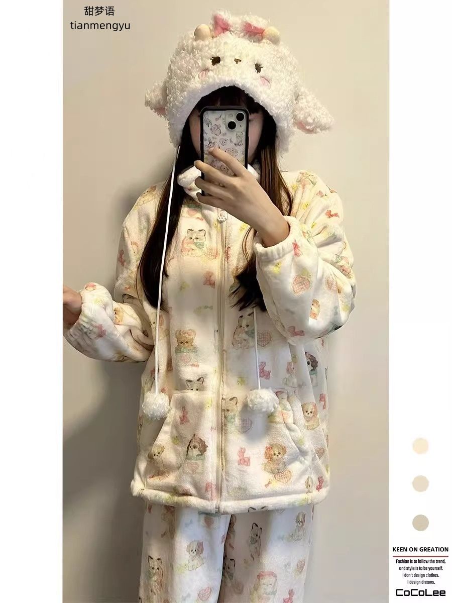 保暖珊瑚絨睡衣女秋冬款加厚法蘭絨可愛少女風外穿家居服套裝冬天