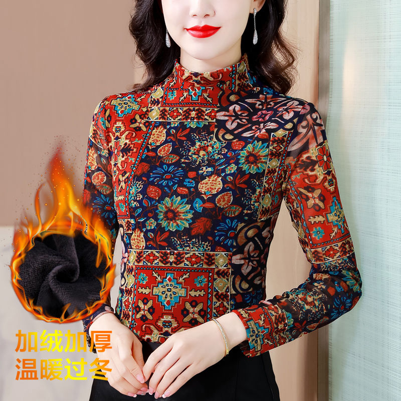 民族風加絨加厚顯瘦碎花打底衫女秋冬半高領網紗長袖中老年媽媽裝