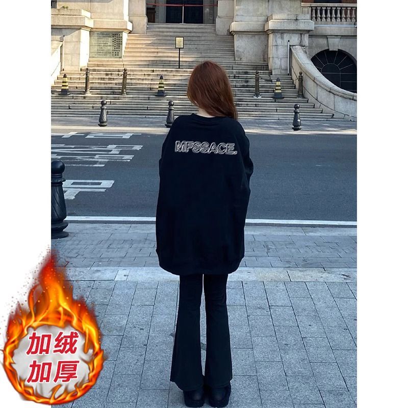 美式國潮牌圓領衛衣女oversize寬鬆秋冬加絨加厚高街情侶新款上衣
