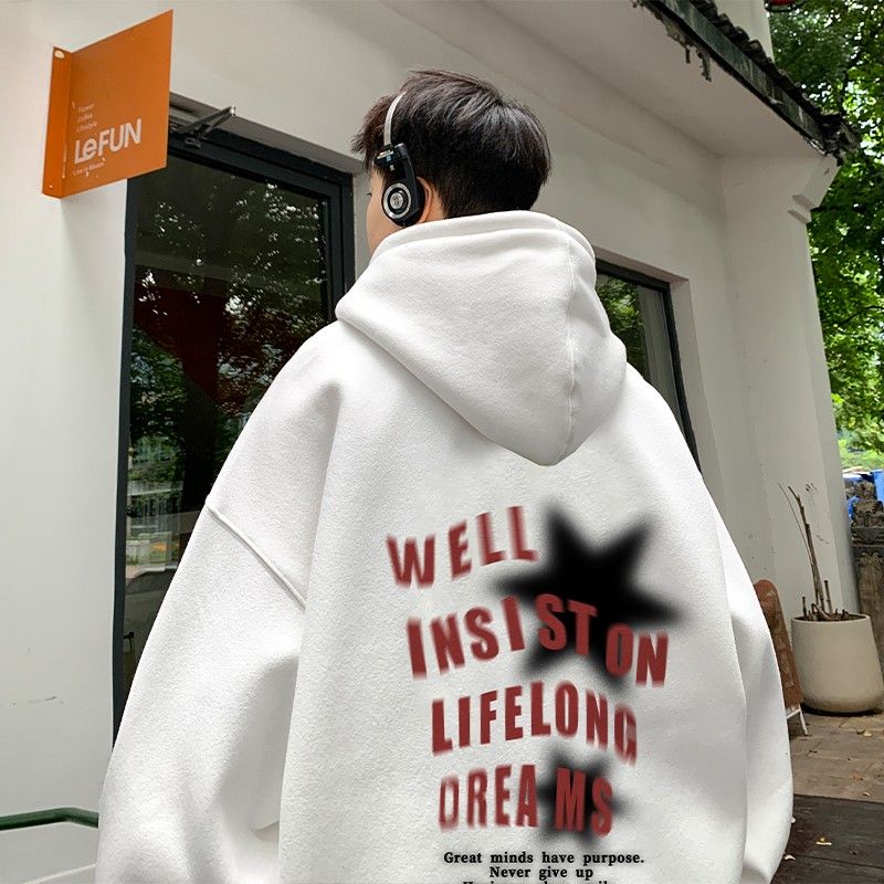美式重磅星星字母印花連帽衛衣男秋冬季港風加絨加厚百搭寬鬆外套