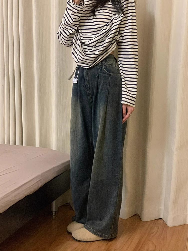 水泥灰闊腿牛仔褲女2023冬季新款褶皺高腰寬鬆顯瘦百搭直筒褲子潮