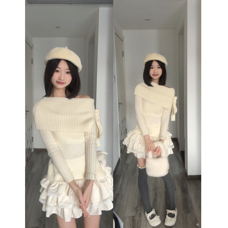 學院風辣妹一字肩蝴蝶結修身針織衫毛衣女+高腰蛋糕半身裙兩件套