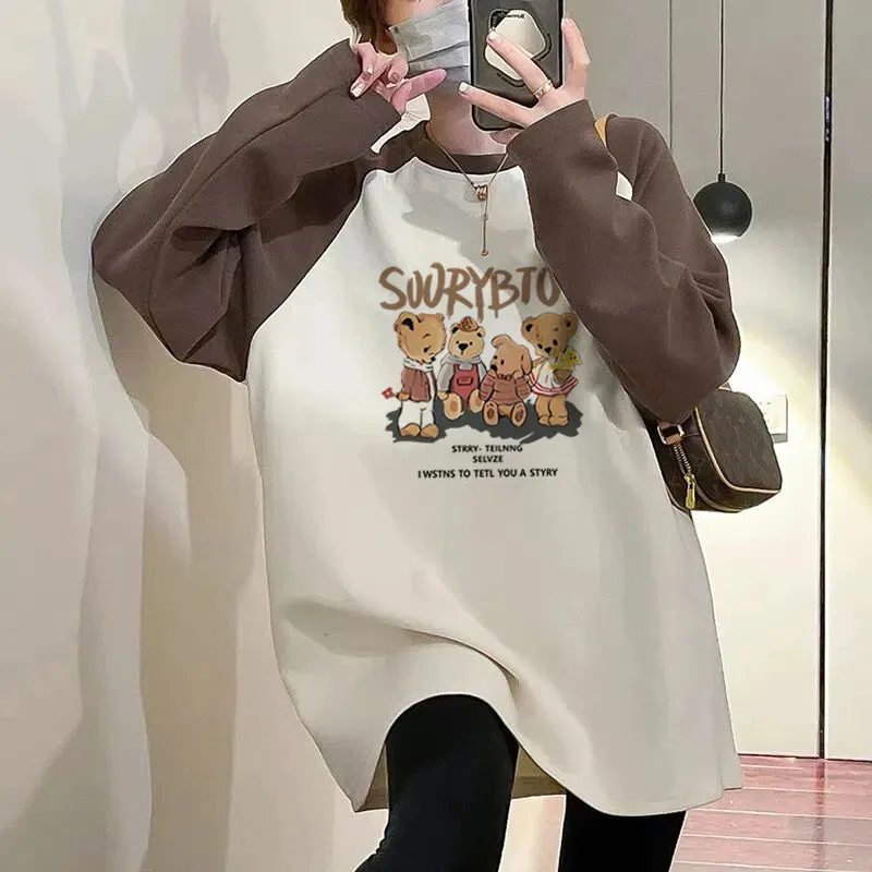 2023新款長袖T恤女秋冬加厚徳絨大碼打底衫oversize中長款上衣ins