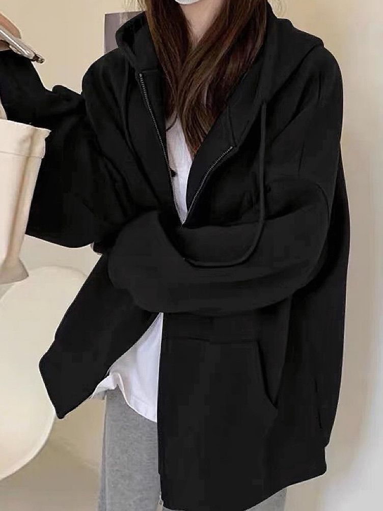 復古高級感黑色連帽衛衣女冬季加絨加厚銀狐絨小個子慵懶外套開衫