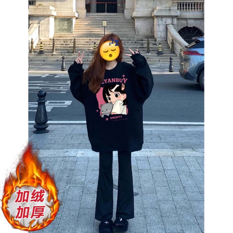 黑色oversize印花衛衣女秋冬美式圓領加絨慵懶風新款爆款外套上衣