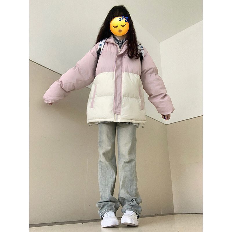 冬季加厚保暖拼色棉衣棉服外套女宽松显瘦新款面包假两件棉服上衣