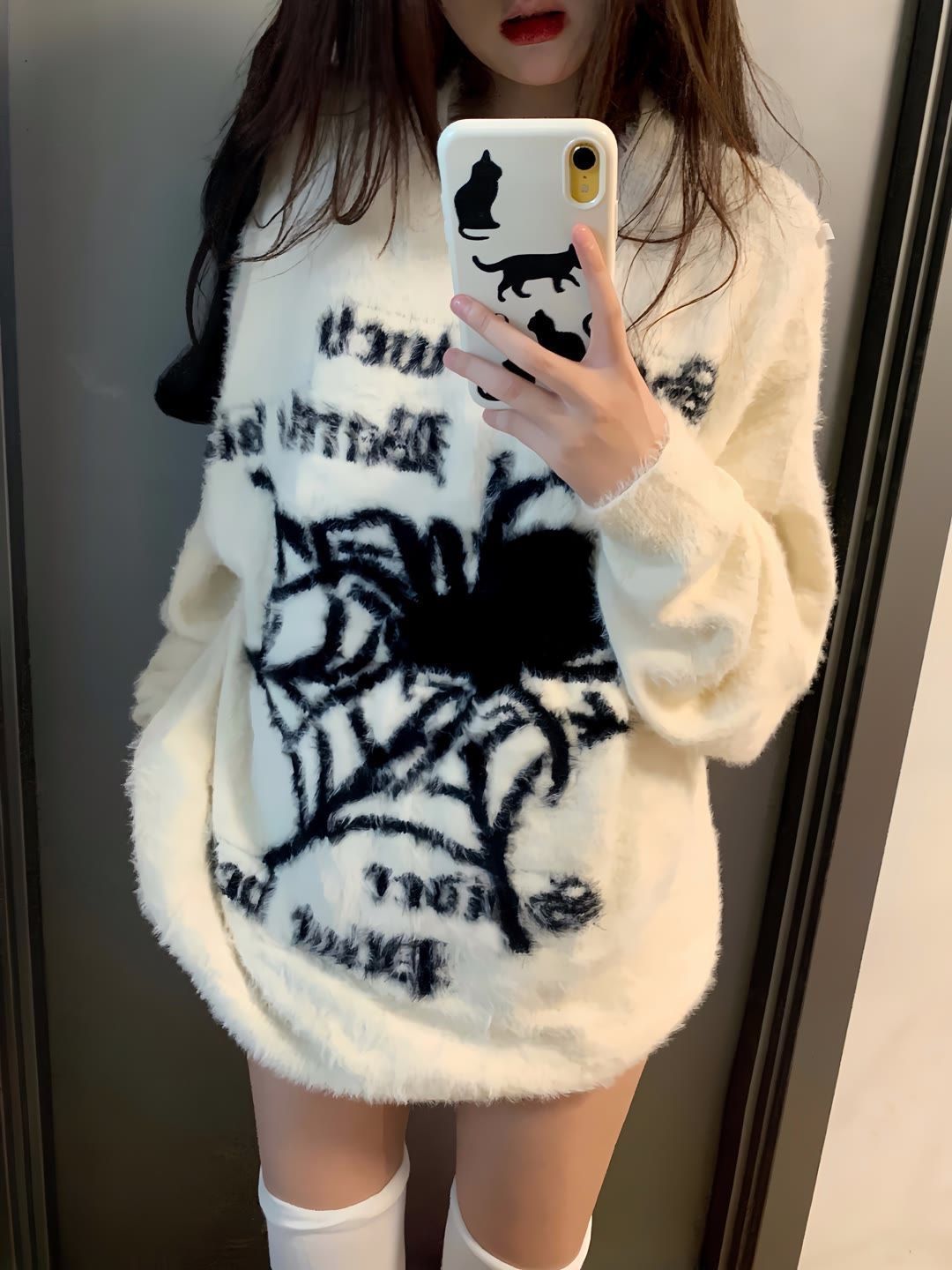 仿貂絨套頭圓領蜘蛛提花毛衣男女秋冬高級感復古寬鬆慵懶風針織衫