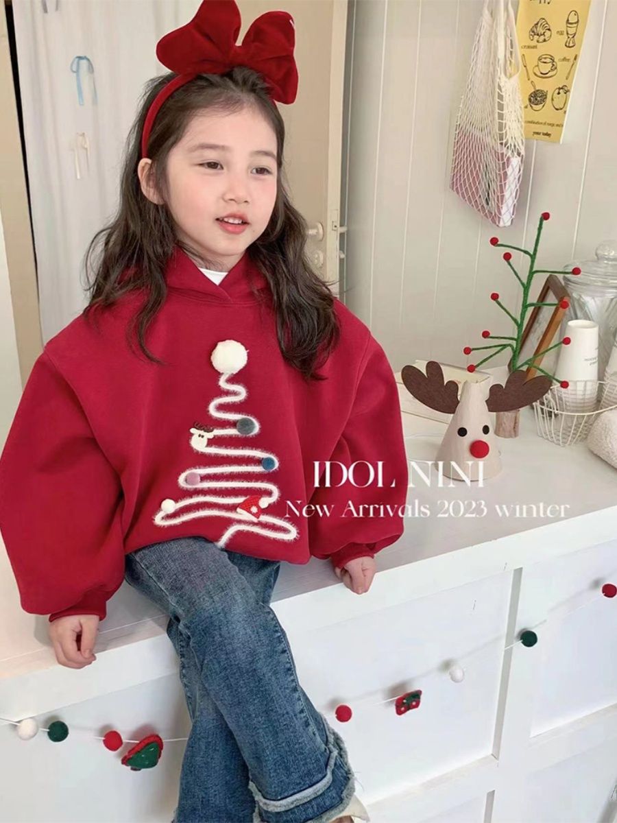 Girls' fleece hooded sweatshirt  autumn and winter new style children's red hoodie girls winter thickened tops