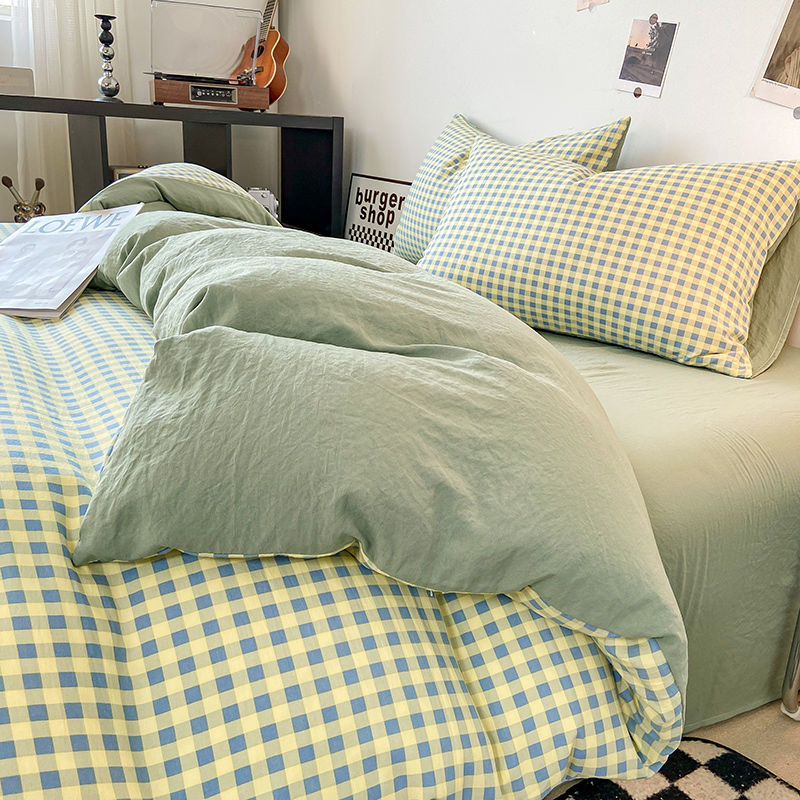 日式绿小格子水洗棉被套四件套超柔床单床笠宿舍单人床上三件套