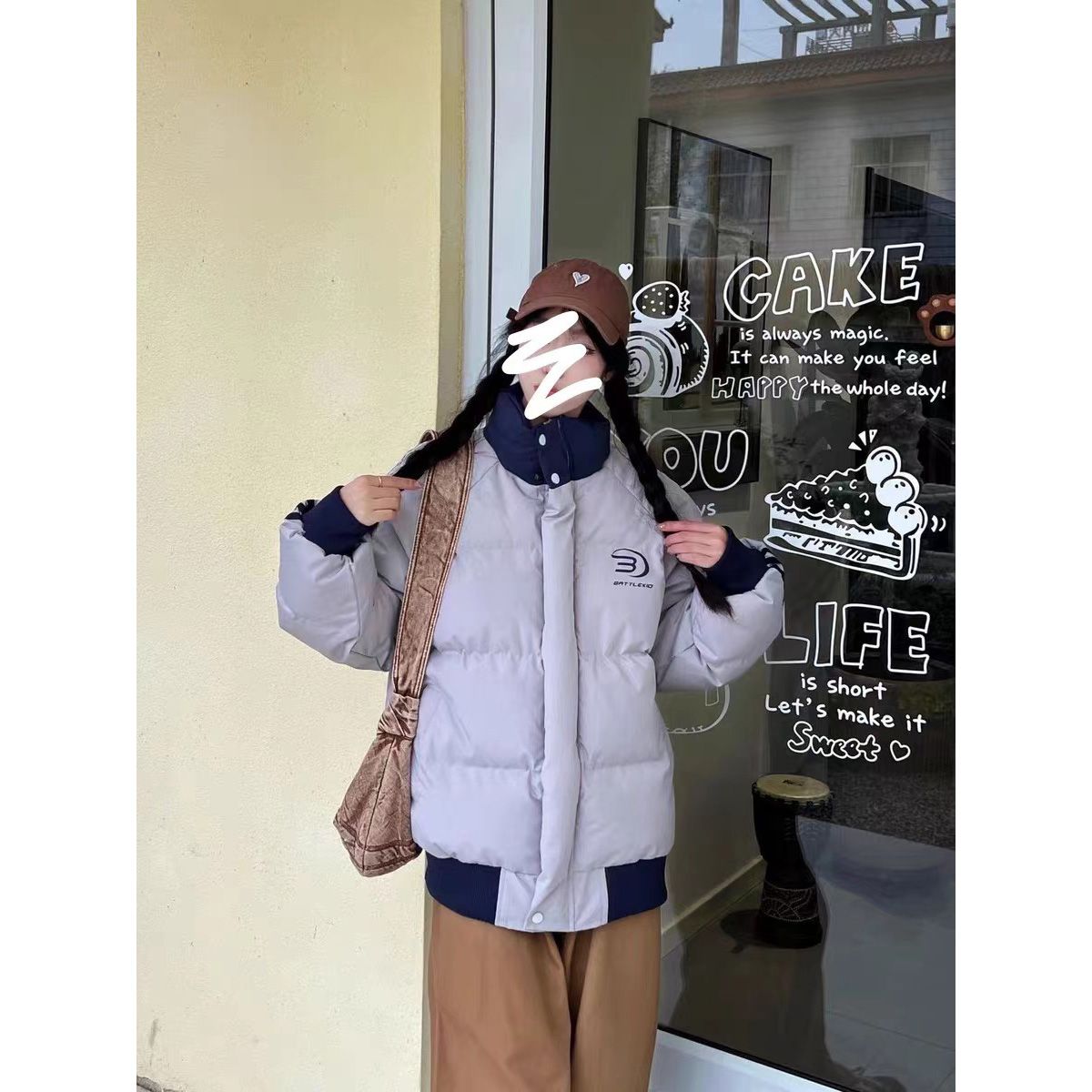 美式條紋撞色立領棉衣寬鬆外套女冬季新款韓系學生加厚麵包棉服