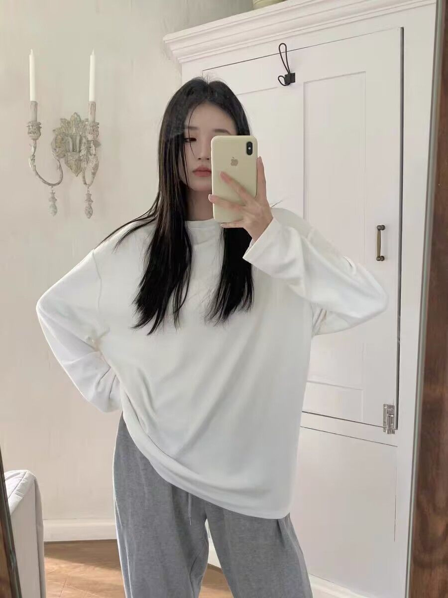 德絨白色打底衫女t恤秋冬新款中長款寬鬆百搭雙面磨毛長袖上衣潮