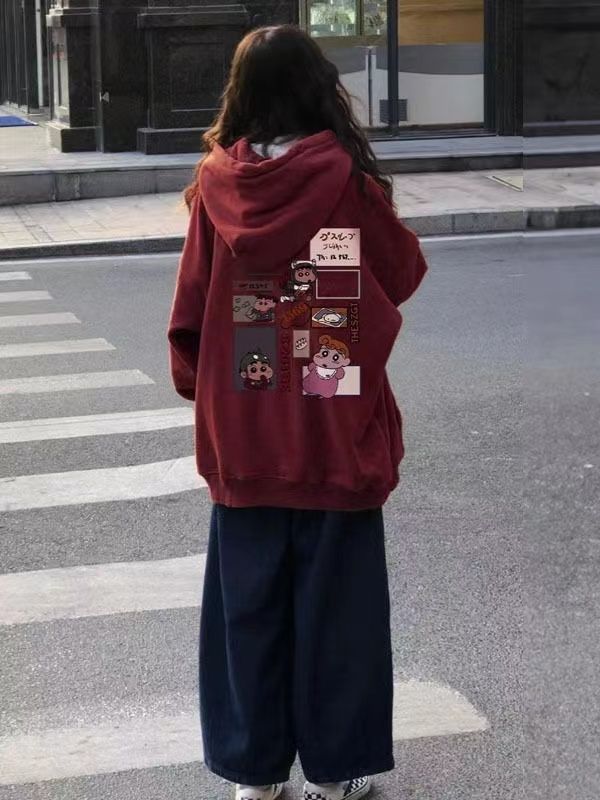 美式復古酒紅色加厚連帽衛衣女秋冬季設計感小眾寬鬆百搭外套上衣
