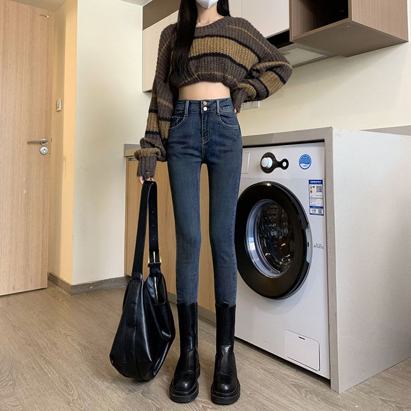 時尚秋冬加絨外穿港風高腰復古緊身牛仔褲女裝2023新款顯瘦鉛筆褲