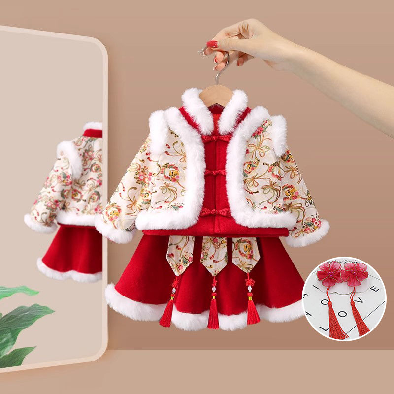 拜年服女童漢服秋冬小女孩過年女寶寶抓周新年衣服兒童喜慶服冬季