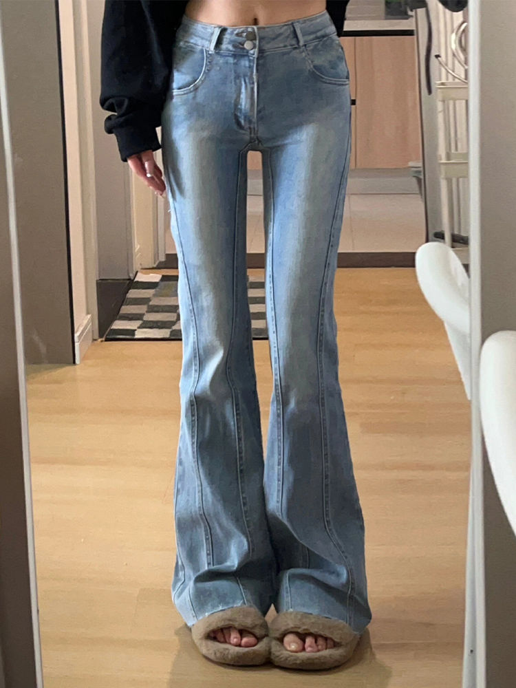 美式復古微喇叭牛仔褲女冬季新款高腰修身顯瘦不貼腿直筒馬蹄褲子