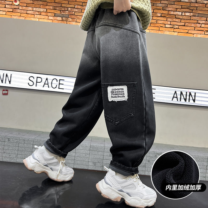 男童加絨牛仔褲2023冬季新款秋冬款褲子中大童兒童加厚洋氣男孩潮