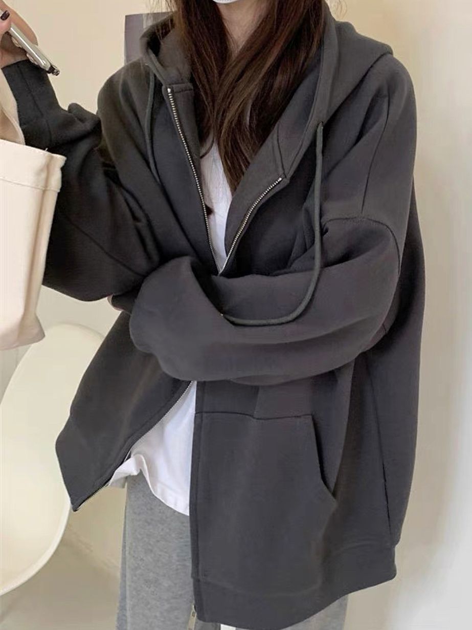 深灰色加絨加厚衛衣外套女冬季加厚銀狐絨保暖寬鬆慵懶風開衫外穿