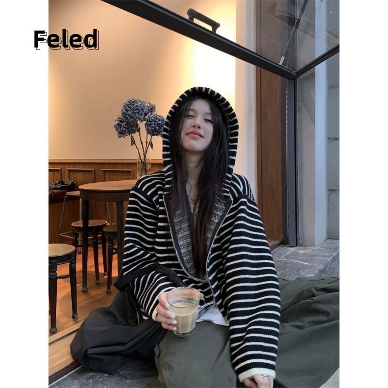 飛拉丹頓黑白條紋連帽毛衣外套男女秋冬2023新款慵懶風針織衫上衣