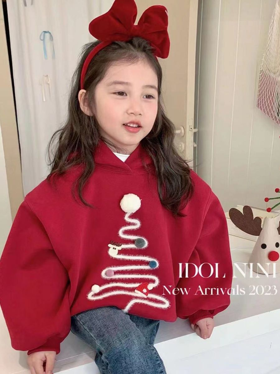 Girls' fleece hooded sweatshirt  autumn and winter new style children's red hoodie girls winter thickened tops