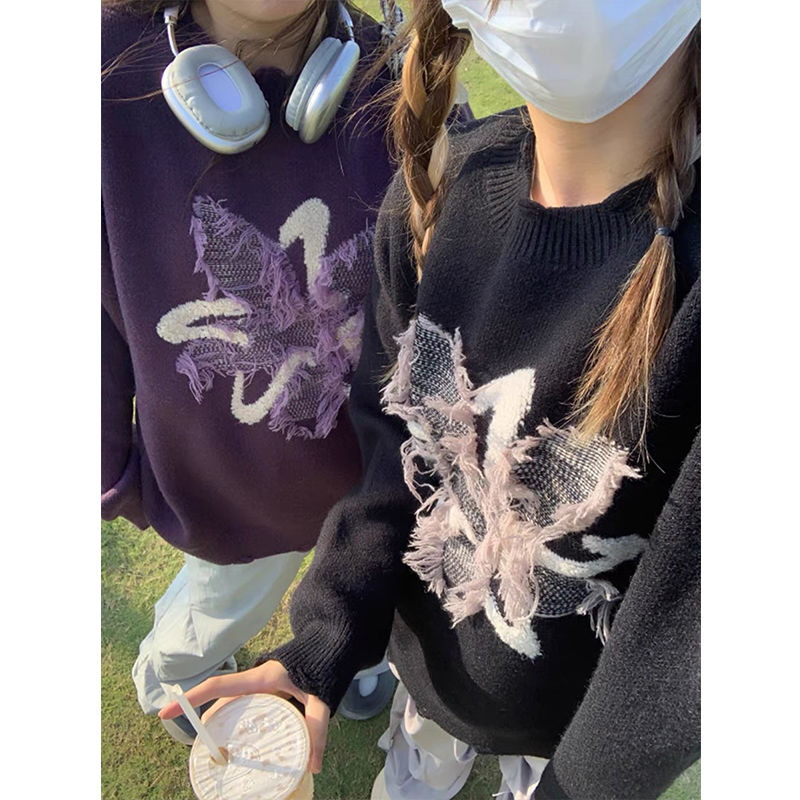 溫柔慵懶風提花設計感毛衣針織衫女秋冬新款辣妹性感寬鬆顯瘦上衣