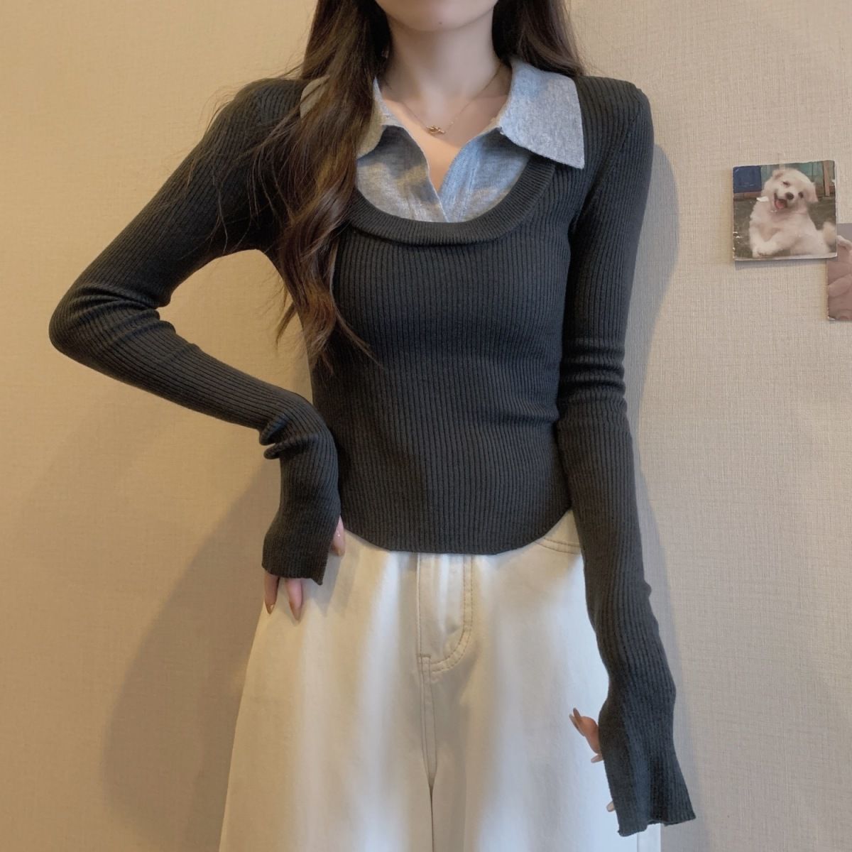 大碼胖mm撞色拼接polo領假兩件針織衫女秋冬修身短款上衣