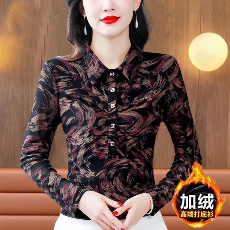 專櫃品質南韓紗襯衫女長袖上衣秋冬新款時髦洋氣印花中年媽媽小衫
