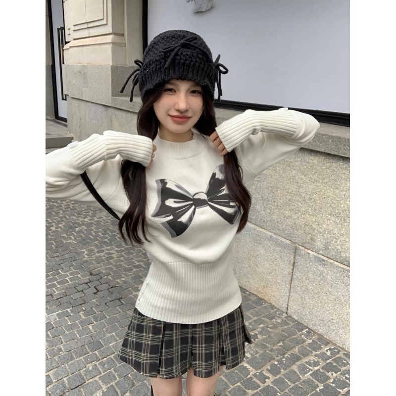 美式白色半高領蝴蝶結打底針織衫女裝秋冬毛衣設計感收腰內搭上衣