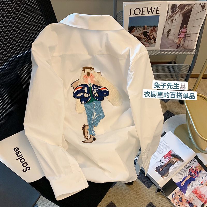小個子白色襯衫卡通兔子長袖上衣女設計感小眾春休閒寬鬆百搭襯衣