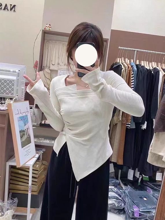 辣妹性感方領長袖t恤秋冬設計感褶皺修身打底衫不規則上衣