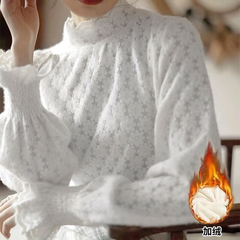 加絨磨毛蕾絲打底衫女秋冬新款半高領洋氣內搭氣質小衫長袖T恤女
