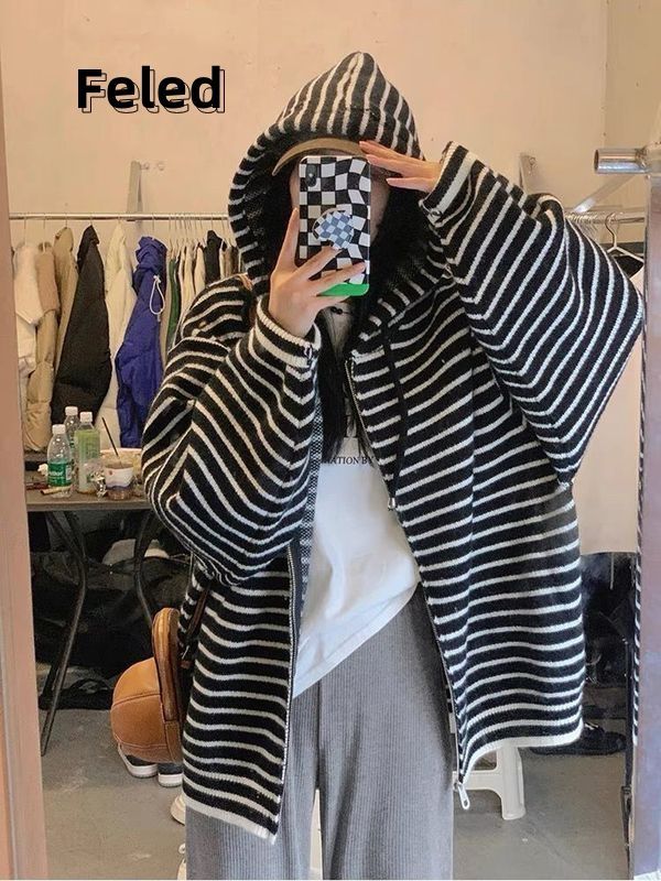 Feila Denton lazy style long-sleeved striped hooded zipper cardigan sweater for men and women autumn and winter loose knitted sweater jacket