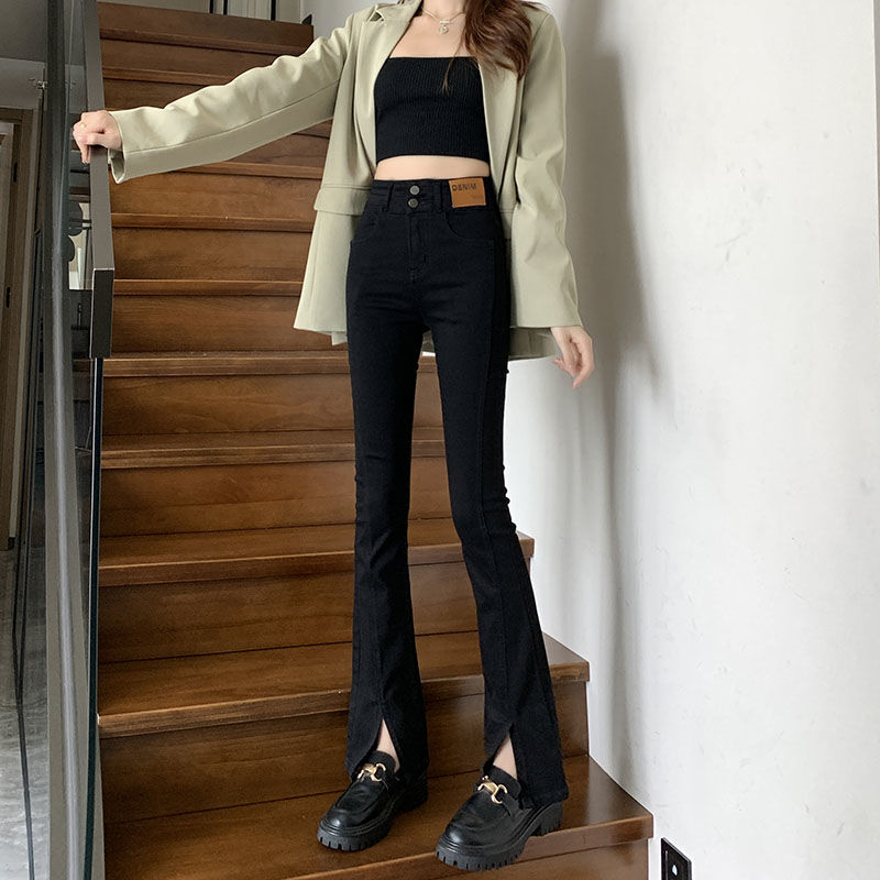 開叉微喇牛仔褲女2023新款高腰顯瘦設計感黑色雙排扣顯高喇叭褲潮