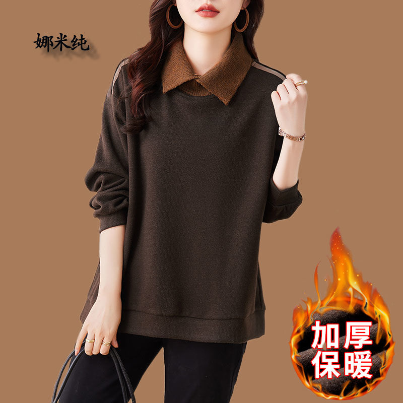 時尚寬鬆外穿加絨上衣女2023冬裝新款設計感大碼休閒兩件磨毛衛衣