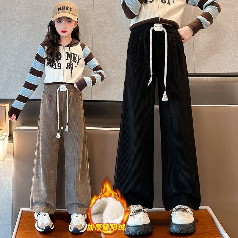 女童加絨褲子秋冬款一體絨時髦女大童外穿休閒兒童冬季寬鬆闊腿褲