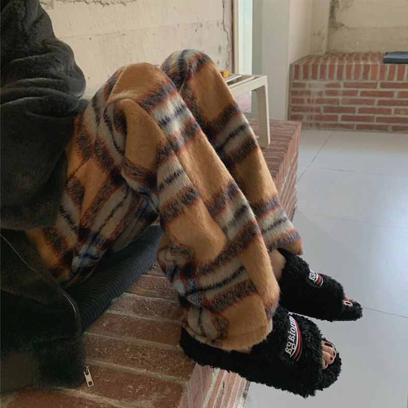 秋冬加厚毛呢褲男女日系復古潮牌ins格紋休閒褲寬鬆直筒情侶褲子