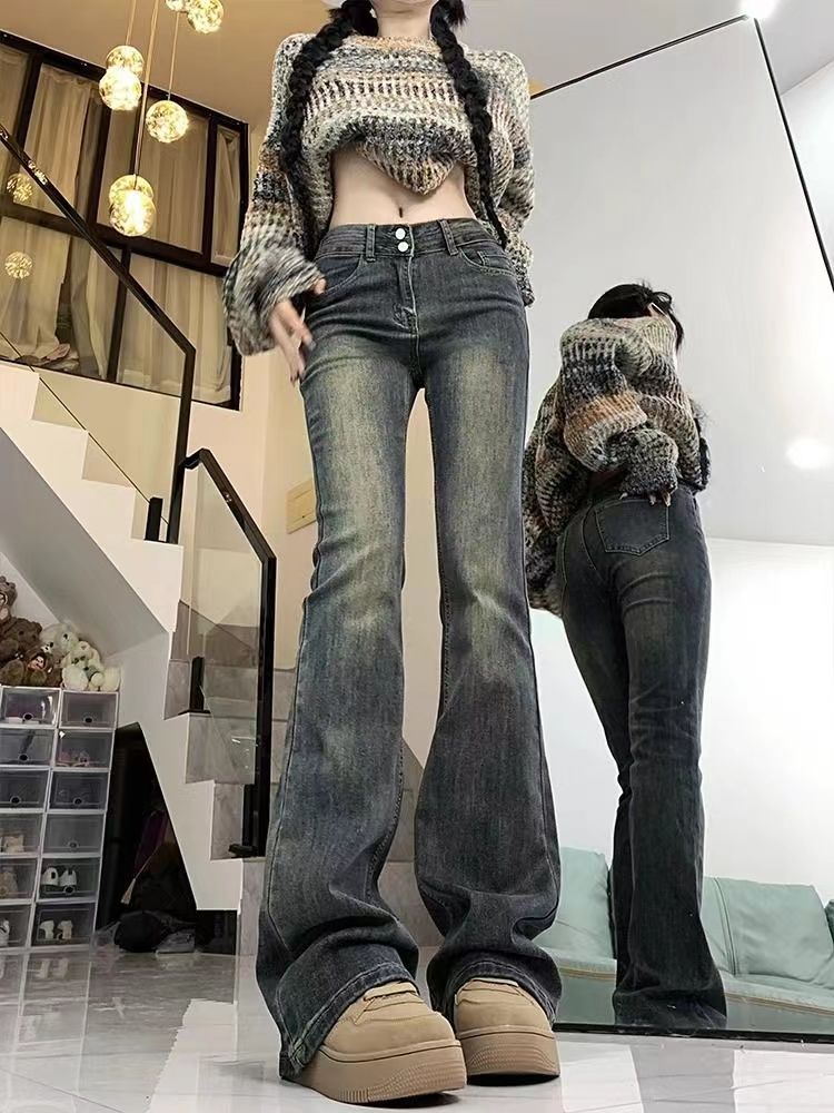 水泥灰做舊微喇叭牛仔褲女秋冬新款高腰顯瘦高個子彈力拖地馬蹄褲