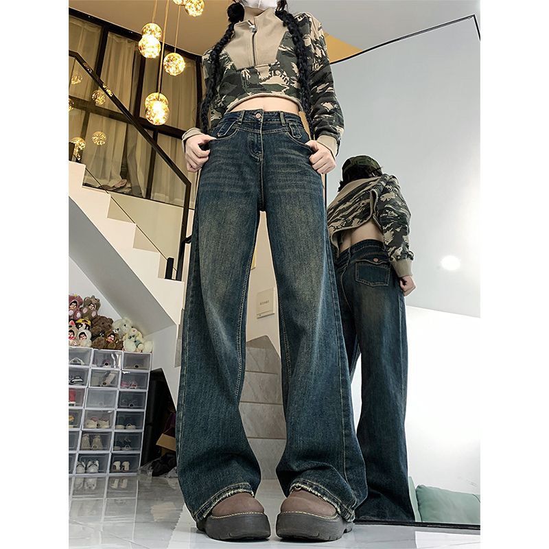 美式復古秋冬牛仔褲女春秋冬高腰寬鬆大碼梨形顯瘦直筒闊腿拖地褲