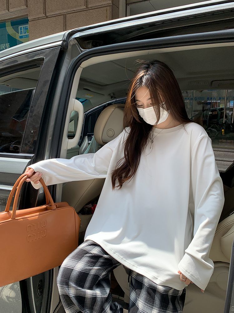 高級感百搭德絨保暖秋冬白色加絨拼接打底衫女圓領長袖t恤內搭