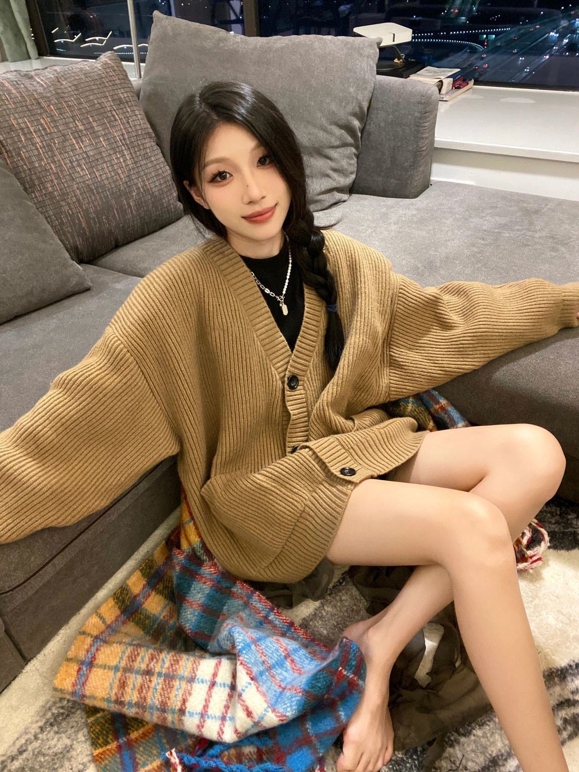 Korean style college style khaki cardigan jacket women's knitted sweater autumn and winter new ins loose V-neck long sleeve solid color