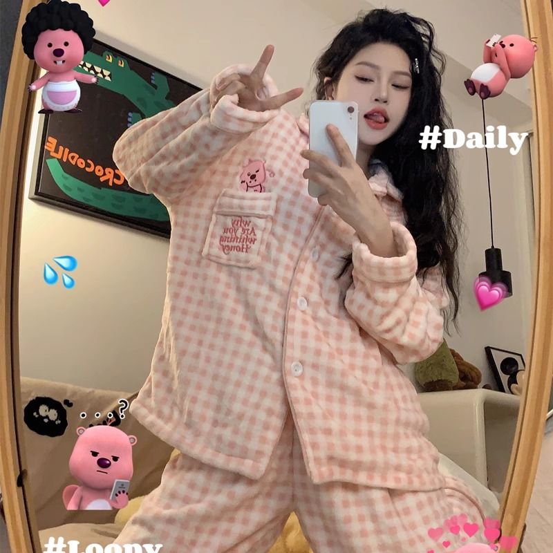 卡通小海狸粉色格子珊瑚絨睡衣女秋冬季甜美學生加厚法蘭絨家居服
