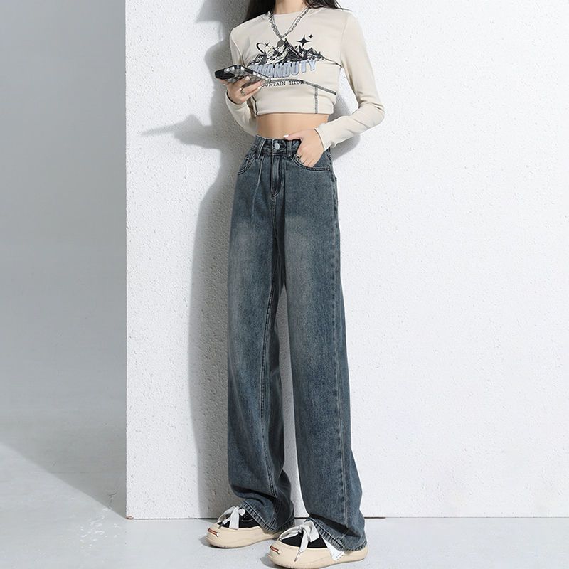 美式復古闊腿牛仔褲女2023秋冬新款高腰寬鬆顯瘦懷舊直筒拖地長褲