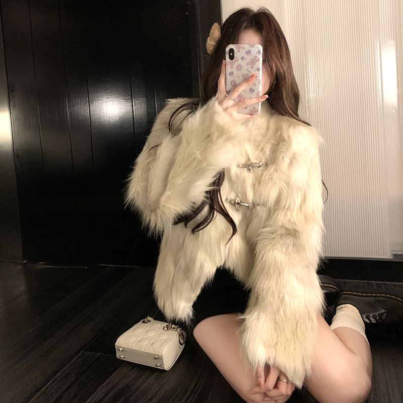仿皮草白色外套女2023冬季甜美氣質顯瘦飛機扣毛毛高級感小眾上衣
