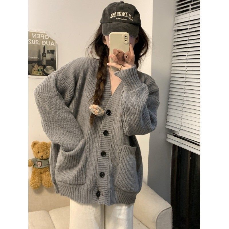 Autumn and winter new college style sweater cardigan for female students Korean style loose V-neck versatile gray knitted jacket cardigan