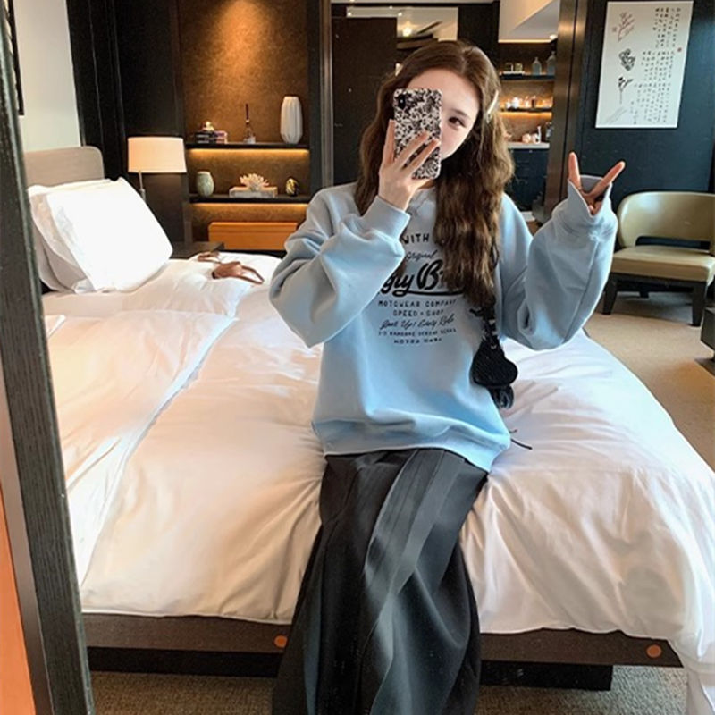American retro printed round neck sweatshirt for women in autumn and winter thickened loose oversize lazy style top for little people